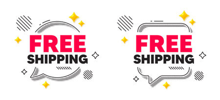 Free shipping chat speech bubble. Social media concept. Free shipping tag. Delivery included sign. Special offer symbol. 3d flare stars chat bubble. Vectorのイラスト素材