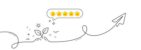 Leaves line icon. Continuous line with share plane. Grow plant leaf sign. Environmental care symbol. Five star rate review in speech bubble. Grow plant single line ribbon. Loop curve pattern. Vectorのイラスト素材