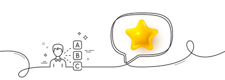 Opinion or choice line icon. Continuous line with 3d star. Select answer sign. Business test symbol. 3d star in speech bubble. Opinion single line ribbon. Loop curve pattern. Vectorのイラスト素材