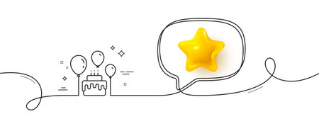 Cake line icon. Continuous line with 3d star. Birthday events sign. Party celebration symbol. 3d star in speech bubble. Cake single line ribbon. Loop curve pattern. Vectorのイラスト素材