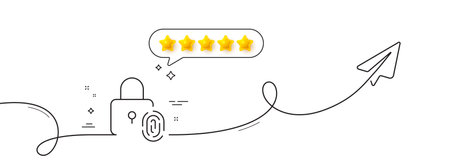 Fingerprint lock line icon. Continuous line with share plane. Finger print scan sign. Biometric identity symbol. Five star rate review in speech bubble. Fingerprint lock single line ribbon. Vectorのイラスト素材