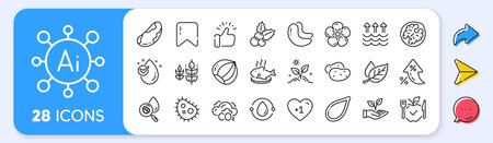 Cold-pressed oil, Natural linen and Hazelnut line icons. Interest rate, AI generate, Inflation icons. Pack of Cashew nut, Brazil nut, Vegetarian food icon. Vectorのイラスト素材