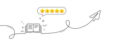 Book line icon. Continuous line with share plane. Education symbol. Instruction or E-learning sign. Five star rate review in speech bubble. Education single line ribbon. Loop curve pattern. Vectorのイラスト素材