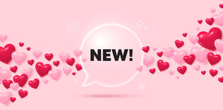 Arrivals glass speech bubble. 3d hearts pink background. New tag. Special offer sign. New arrival symbol. Valentines day greeting card. Flying hearts. Vectorのイラスト素材