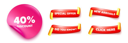 Discount sticker, offer ribbons. New arrivals, Click here. 40 percent discount tag. Sale offer price sign. Special offer symbol. Pink sticker tag. Flag ribbon banners. Vectorのイラスト素材