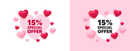 Discount heart shaped banner. 3d flying hearts. 15 percent discount offer tag. Sale price promo sign. Special offer symbol. Valentines day greeting card. Cute 3d love hearts. Vectorのイラスト素材