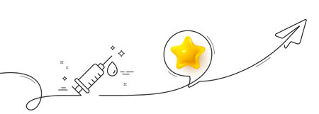 Medical syringe line icon. Continuous line with share plane. Medicine vaccine sign. Pharmacy medication symbol. 3d star in speech bubble. Medical syringe single line ribbon. Loop curve pattern. Vectorのイラスト素材