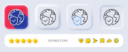 World insurance line icon. Neumorphic, Flat shadow, 3d buttons. Global business protection sign. Internet security symbol. Line world insurance icon. Social media icons. Vectorのイラスト素材