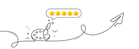 Paint palette line icon. Continuous line with share plane. Artist brush sign. Creative drawing art symbol. Five star rate review in speech bubble. Palette single line ribbon. Vectorのイラスト素材