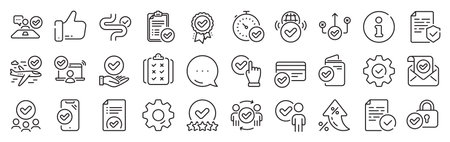 Approve line icons. Settings gear, Message, Inflation icons. Interviewed, accepted document, right choice. Quality check, protection, checklist icons. Vectorのイラスト素材