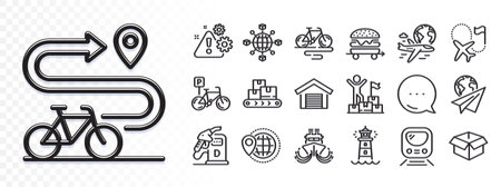 Parking garage, Destination flag and Delivery man line icons for web app. Glare of light effect. Message icon. Pack of Diesel station, Ship, International flight pictogram icons. Vectorのイラスト素材