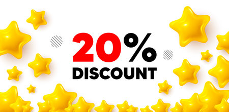 Discount winner banner with 3d stars. Golden stars banner. 20 percent discount tag. Sale offer price sign. Special offer symbol. Review rate background. Vectorのイラスト素材