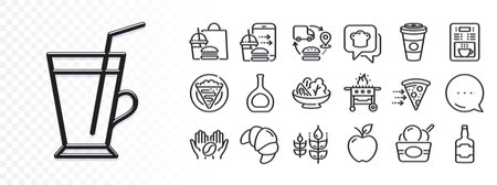 Supply chain, Coffee cup and Food order line icons for web app. Glare of light effect. Message icon. Pack of Food delivery, Gluten free, Cognac bottle pictogram icons. Vectorのイラスト素材