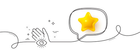Meditation eye line icon. Continuous line with 3d star. Yoga mind sign. Spirit therapy symbol. 3d star in speech bubble. Meditation eye single line ribbon. Loop curve pattern. Vectorのイラスト素材