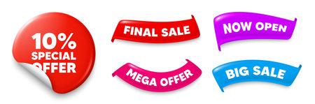 Discount sticker, Sale offer ribbons. Big sale, Now open. 10 percent discount offer tag. Sale price promo sign. Special offer symbol. Sticker badge. Flag ribbon banners. Discount offer banners. Vectorのイラスト素材