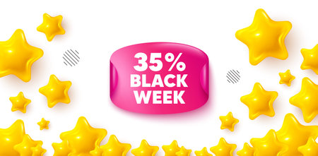 Black week sticker stars banner. 3d stars background. Black week 35 percent sale. Special discount sign. Black friday offer symbol. Winner sparkle banner. Promo background. Vectorのイラスト素材