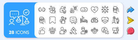 Like, Support and Lawyer line icons. Interest rate, AI generate, Inflation icons. Pack of Love, Buyers, Cyber attack icon. User, Music app, Wedding rings pictogram. Vectorのイラスト素材