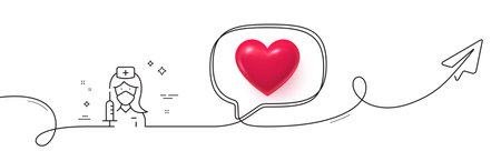 Vaccination line icon. Continuous line with share plane. Nurse with syringe sign. People vaccine symbol. 3d heart in speech bubble. Vaccination single line ribbon. Loop curve pattern. Vectorのイラスト素材