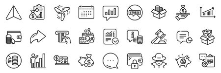 No cash, Auction hammer and Wallet line icons pack. Share, Message, Paper plane icons. Checked calculation, Graph chart, Clipboard web icon. Loan, Info, Stop stress pictogram. Vectorのイラスト素材