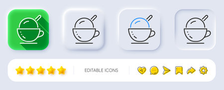Coffee cup with ice cream line icon. Neumorphic, Flat shadow, 3d buttons. Vanilla sundae sign. Frozen summer dessert symbol. Line ice cream icon. Social media icons. Vectorのイラスト素材