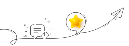 Statistic line icon. Continuous line with share plane. Data pie-chart sign. Chat report symbol. 3d star in speech bubble. Statistic single line ribbon. Loop curve pattern. Vectorのイラスト素材
