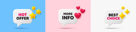 More info chat speech bubble. 3d stars, sparkles, hearts chat bubbles. More info tag. Navigation sign. Read description symbol. Hot offer, best choice tag. Vectorのイラスト素材