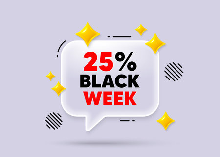 Black week chat speech bubble. Social media concept. Black week 25 percent sale. Special discount sign. Black friday offer symbol. 3d sparkles chat bubble. Vectorのイラスト素材
