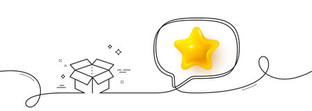 Open box line icon. Continuous line with 3d star. Delivery parcel sign. Cargo package symbol. 3d star in speech bubble. Open box single line ribbon. Loop curve pattern. Vectorのイラスト素材