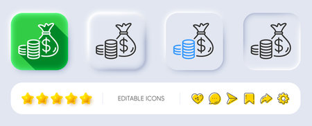 Coins bag line icon. Neumorphic, Flat shadow, 3d buttons. Cash money sign. Income savings symbol. Line coins bag icon. Social media icons. Vectorのイラスト素材