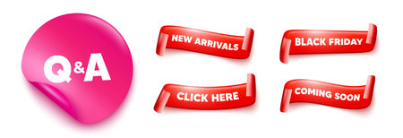 Questions answers sticker, offer ribbons. Black friday, coming soon. Questions and answers icon. Answer question sign. Faq symbol. Pink sticker tag. Flag ribbon banners. Vectorのイラスト素材