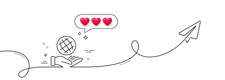 Safe planet line icon. Continuous line with share plane. World sign. Ecology symbol. Hearts rate review in speech bubble. Safe planet single line ribbon. Loop curve pattern. Vectorのイラスト素材
