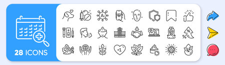 Medical calendar, Hospital building and Blood and saliva test line icons. Interest rate, AI generate, Inflation icons. Pack of Coronavirus, Health skin, Nurse icon. Vectorのイラスト素材