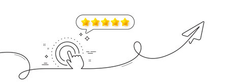 Click hand line icon. Continuous line with share plane. Touchscreen gesture sign. Push action symbol. Five star rate review in speech bubble. Click hand single line ribbon. Loop curve pattern. Vectorのイラスト素材