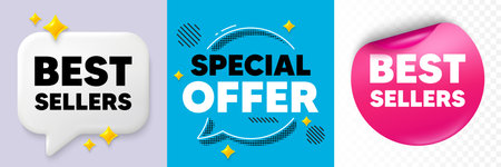 Best sellers speech bubble. 3d sparkles chat, Paper sticker. Best sellers tag. Special offer price sign. Advertising discounts symbol. Special offer bubble. Halftone dots pattern. Vectorのイラスト素材
