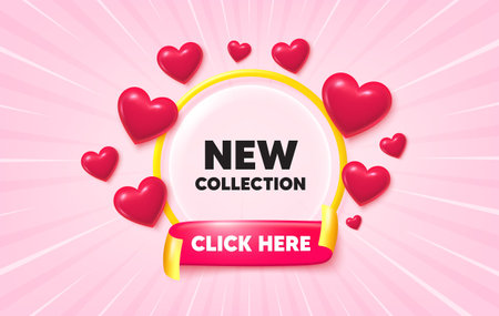 New collection sunburst ray banner. Click here flag ribbon. New collection tag. New fashion arrival sign. Advertising offer symbol. 3d hearts glitter. Red ribbon tag. Discount offer. Vectorのイラスト素材