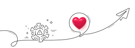 Coronavirus line icon. Continuous line with share plane. Covid virus sign. Infection alert symbol. 3d heart in speech bubble. Coronavirus single line ribbon. Loop curve pattern. Vectorのイラスト素材