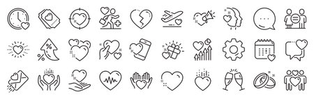 Love line icons. Settings gear, Message, Inflation icons. Gift box, Broken heart and Romantic letter. Wedding rings, glasses with champagne, love heart icons. Vectorのイラスト素材