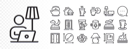 Table lamp, Open door and Floor plan line icons for web app. Glare of light effect. Message icon. Pack of Night mattress, Mattress, Teacup pictogram icons. Teapot, Door, Floor lamp signs. Vectorのイラスト素材
