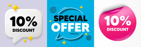 Discount speech bubble. 3d sparkles chat, Paper sticker. 10 percent discount tag. Sale offer price sign. Special offer symbol. Special offer bubble. Halftone dots pattern. Vectorのイラスト素材