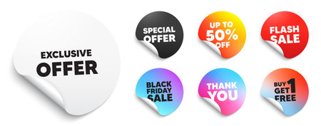 Exclusive offer sticker tag. Special offer paper price tags. Exclusive offer tag. Sale price sign. Advertising discounts symbol. Discount, black friday sticker. Promo banner. Vectorのイラスト素材