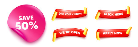 Discount sticker, offer ribbons. Apply now, Did you know. Save 50 percent off tag. Sale Discount offer price sign. Special offer symbol. Pink sticker tag. Flag ribbon banners. Vectorのイラスト素材