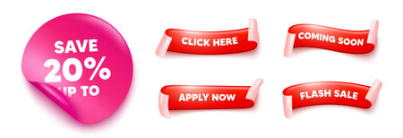 Discount sticker, offer ribbons. Apply now, Flash sale. Save up to 20 percent tag. Discount Sale offer price sign. Special offer symbol. Pink sticker tag. Flag ribbon banners. Vectorのイラスト素材