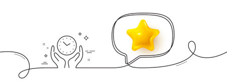 Safe time line icon. Continuous line with 3d star. Clock sign. Hold watch symbol. 3d star in speech bubble. Safe time single line ribbon. Loop curve pattern. Vectorのイラスト素材