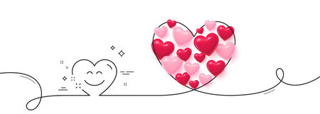 Smile chat line icon. Continuous line big heart. Happy emoticon sign. Heart speech bubble symbol. 3d hearts in heart shaped loop. Smile chat single line ribbon. Loop curve pattern. Vectorのイラスト素材