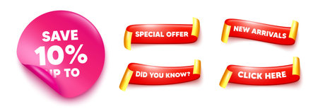 Discount sticker, offer ribbons. New arrivals, Click here. Save up to 10 percent. Discount Sale offer price sign. Special offer symbol. Pink sticker tag. Flag ribbon banners. Vectorのイラスト素材