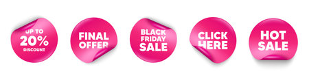 Discount tag sticker tag. Click here, Black friday paper price banners. Up to 20 percent discount. Sale offer price sign. Special offer symbol. Save 20 percentages. Hot sale sticker. Vectorのイラスト素材