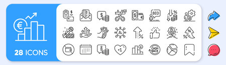 Euro rate, Growth chart and Wallet line icons. Interest rate, AI generate, Inflation icons. Pack of...