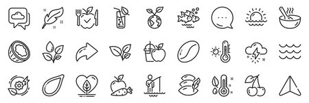 Save planet, Thermometer and Cook line icons pack. Share, Message, Paper plane icons. Fisherman, Feather, Coffee beans web icon. Juice, Waves, Weather thermometer pictogram. Vectorのイラスト素材