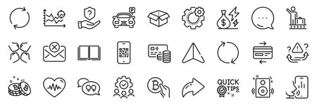 Squad, Luggage belt and Parking line icons pack. Share, Message, Paper plane icons. Speakers, Bitcoin pay, Book web icon. Refresh, Card, Open box pictogram. Credit card, Teamwork, Qr code. Vectorのイラスト素材