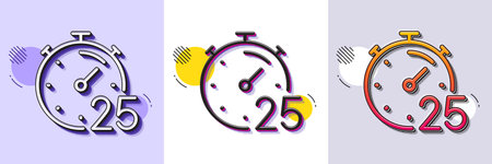 Timer 25 minutes line icon. Halftone dotted pattern. Gradient icon with grain shadow. Stopwatch time...
